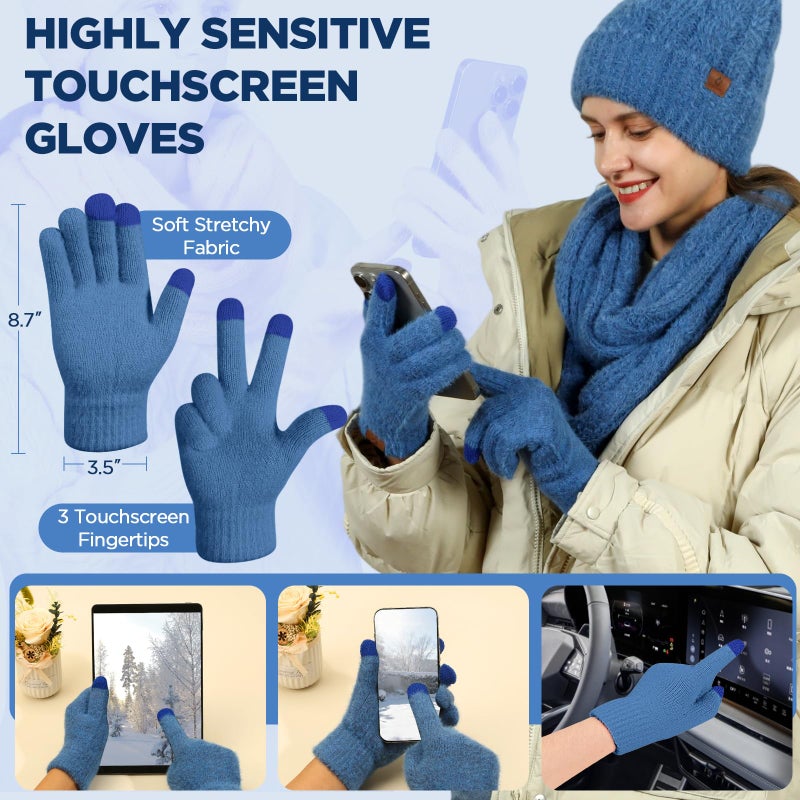 Goocoz Womens Beanie Hat Infinity Scarf Touchscreen Gloves Fleece Headband 4 in 1 Winter Clothes Set Gifts for Women Blue - Image 4