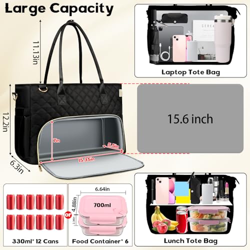 SIYNPAV Lunch Tote Bag with 15.6 Inch Laptop Compartment& Water Bottle Pocket, Quilted Nylon Work Tote Bag with Large Insulated Lunch Compartment for Women School Business Teacher Nurse (Black) - Image 4