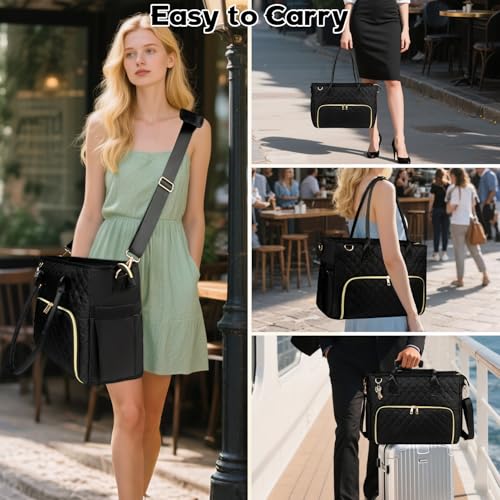 SIYNPAV Lunch Tote Bag with 15.6 Inch Laptop Compartment& Water Bottle Pocket, Quilted Nylon Work Tote Bag with Large Insulated Lunch Compartment for Women School Business Teacher Nurse (Black) - Image 2