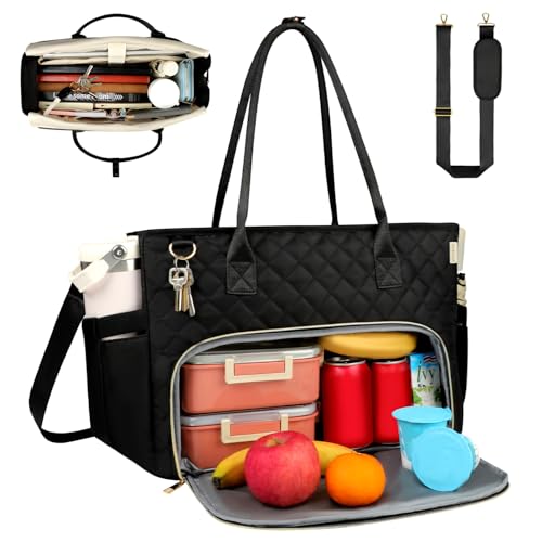 SIYNPAV Lunch Tote Bag with 15.6 Inch Laptop Compartment& Water Bottle Pocket, Quilted Nylon Work Tote Bag with Large Insulated Lunch Compartment for Women School Business Teacher Nurse (Black) - Image 1