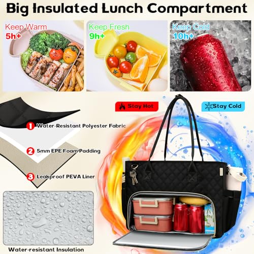SIYNPAV Lunch Tote Bag with 15.6 Inch Laptop Compartment& Water Bottle Pocket, Quilted Nylon Work Tote Bag with Large Insulated Lunch Compartment for Women School Business Teacher Nurse (Black) - Image 3