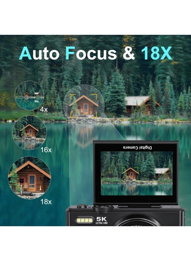 Daxiongmao 75MP 5K Digital Camera Kit with 18X Zoom, Auto Focus, Wide-Angle & Macro Lenses, Compact Portable Travel Camera Includes 64GB Card & 2 Batteries, Ideal for Vlogging, Photography and Teens - Image 5