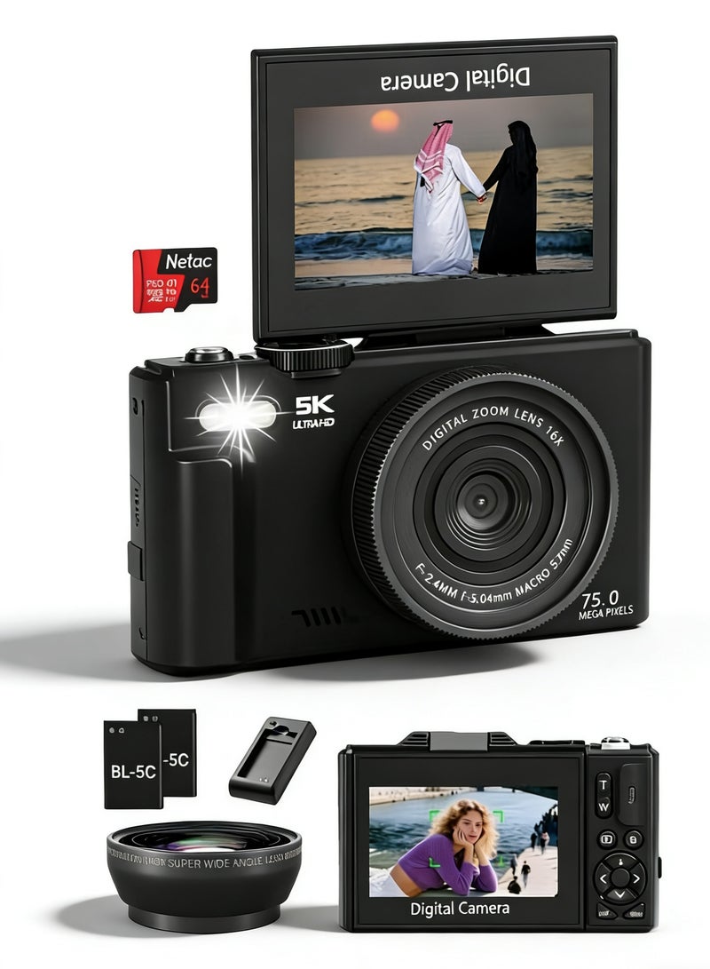 Daxiongmao 75MP 5K Digital Camera Kit with 18X Zoom, Auto Focus, Wide-Angle & Macro Lenses, Compact Portable Travel Camera Includes 64GB Card & 2 Batteries, Ideal for Vlogging, Photography and Teens - Image 1