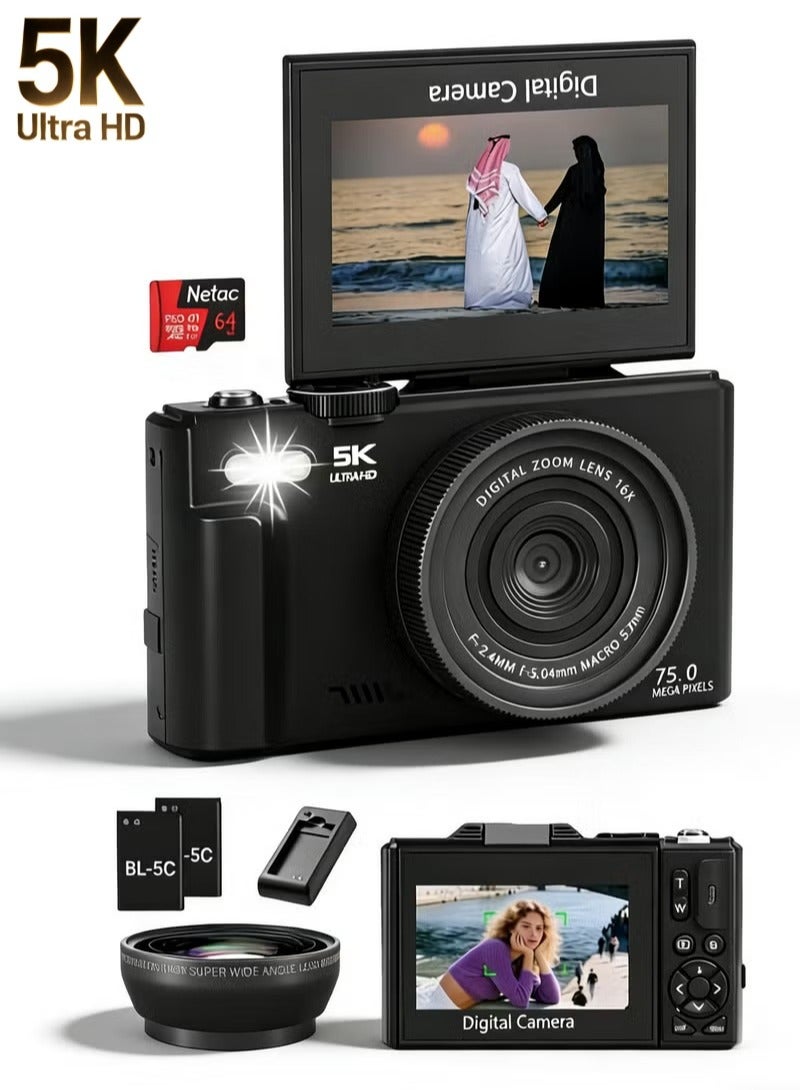 Daxiongmao 75MP 5K Digital Camera Kit with 18X Zoom, Auto Focus, Wide-Angle & Macro Lenses, Compact Portable Travel Camera Includes 64GB Card & 2 Batteries, Ideal for Vlogging, Photography and Teens - Image 1
