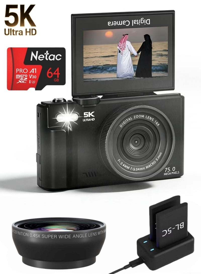 الباندا العملاقة طقم كاميرا رقمية 75MP بدقة 5K مع زووم 18×، تركيز تلقائي، عدسات واسعة وماكرو، مدمجة محمولة، يشمل بطاقة 64GB وبطاريتين — مثالية للفلوغ والتصوير للمراهقين - Image 1