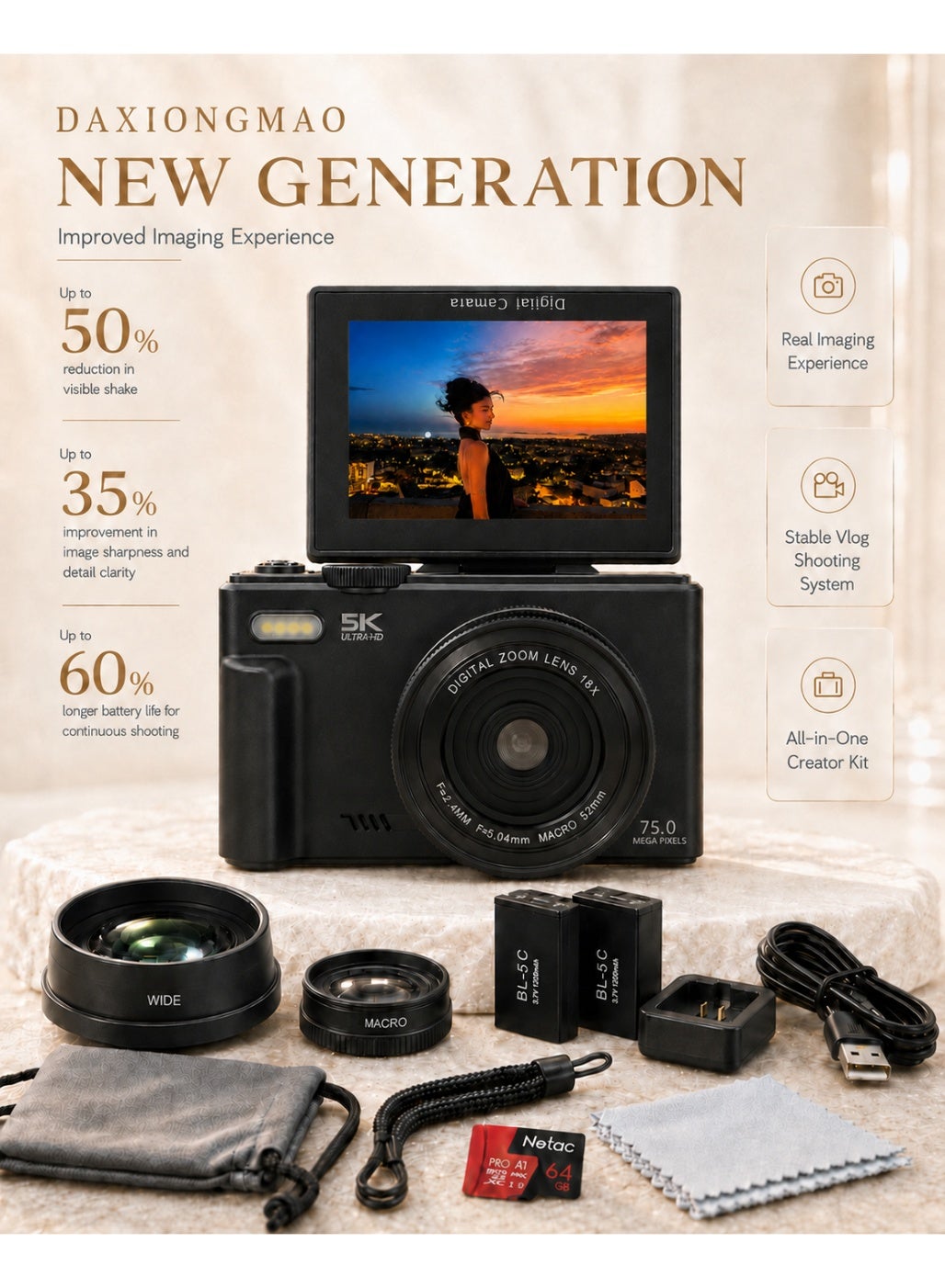 75MP 5K Digital Camera Kit with 18X Zoom, Auto Focus, Wide-Angle & Macro Lenses, Compact Portable Travel Camera Includes 64GB Card & 2 Batteries, Ideal for Vlogging, Photography and Teens