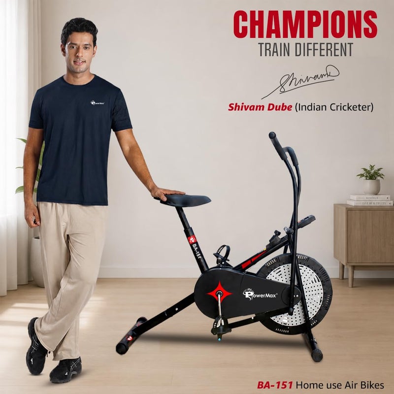 PowerMax Fitness BA-151 Air Bike with 1.5kg Fly Wheel, Moving Handles, Adjustable Seat | Home Gym Exercise Cycle for 120kg Max User | V-Belt Drive, Non-Slip Pedals | LCD Display - Image 2