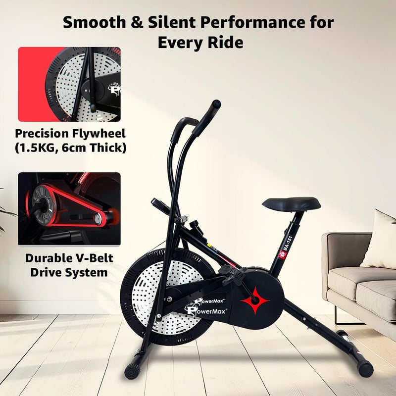 PowerMax Fitness BA-151 Air Bike with 1.5kg Fly Wheel, Moving Handles, Adjustable Seat | Home Gym Exercise Cycle for 120kg Max User | V-Belt Drive, Non-Slip Pedals | LCD Display - Image 5