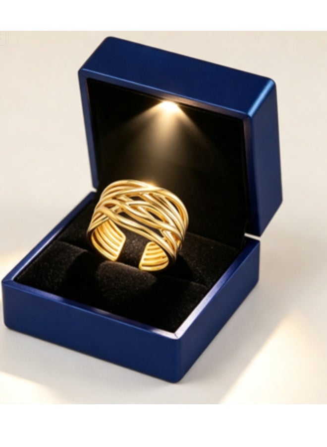 LATEEN 18K Gold Plated Stainless Steel Boho Retro Interwoven Open Ring with Luxury LED Light Gift Box, Geometric Irregular Woven Hollow Statement Wide Ring for Women - Image 1