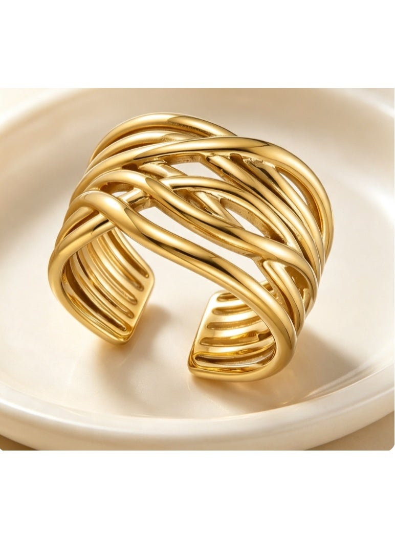 LATEEN 18K Gold Plated Stainless Steel Boho Retro Interwoven Open Ring with Luxury LED Light Gift Box, Geometric Irregular Woven Hollow Statement Wide Ring for Women - Image 2