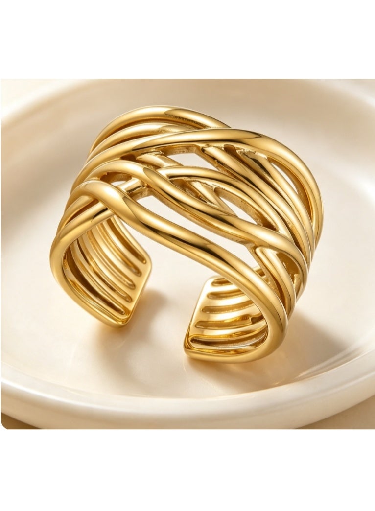 LATEEN 18K Gold Plated Stainless Steel Boho Retro Interwoven Open Ring with Luxury LED Light Gift Box, Geometric Irregular Woven Hollow Statement Wide Ring for Women - Image 4