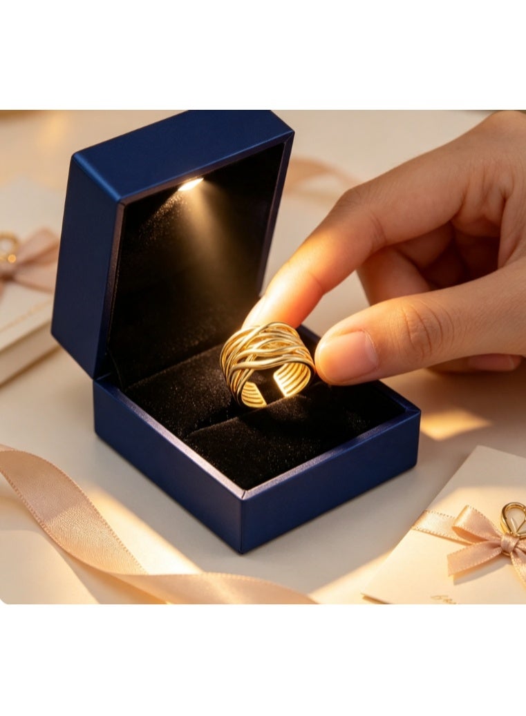 LATEEN 18K Gold Plated Stainless Steel Boho Retro Interwoven Open Ring with Luxury LED Light Gift Box, Geometric Irregular Woven Hollow Statement Wide Ring for Women - Image 3