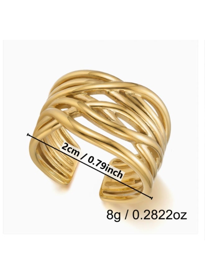 LATEEN 18K Gold Plated Stainless Steel Boho Retro Interwoven Open Ring with Luxury LED Light Gift Box, Geometric Irregular Woven Hollow Statement Wide Ring for Women - Image 5