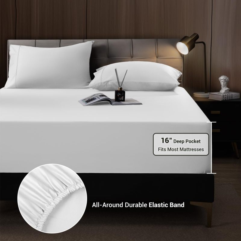 Cooling Bamboo Sheets Queen 4-Piece White Set: 60% Rayon From Bamboo 40% Polyester, Temperature-Regulating Deep Pocket Bedding - Ultra-Soft Silky Fabric For Hot Sleepers Night Sweaters Home Use - Image 4