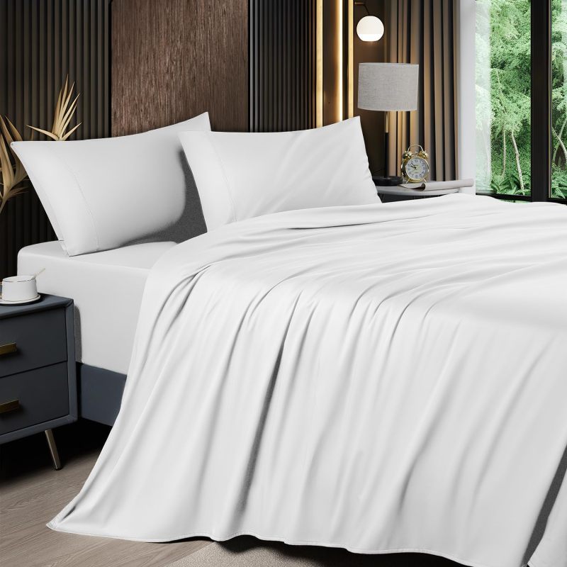 Cooling Bamboo Sheets Queen 4-Piece White Set: 60% Rayon From Bamboo 40% Polyester, Temperature-Regulating Deep Pocket Bedding - Ultra-Soft Silky Fabric For Hot Sleepers Night Sweaters Home Use - Image 1