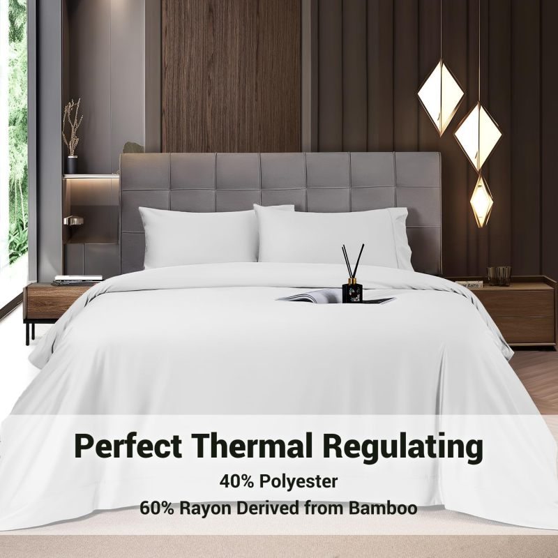 Cooling Bamboo Sheets Queen 4-Piece White Set: 60% Rayon From Bamboo 40% Polyester, Temperature-Regulating Deep Pocket Bedding - Ultra-Soft Silky Fabric For Hot Sleepers Night Sweaters Home Use - Image 2