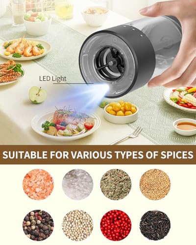 CircleJoy CIRCLE JOY Electric Salt and Pepper Grinder Set Rechargeable Salt and Pepper Mills with 6-Level External Adjustable Coarseness, White LED Light and Storage Base, Black - Image 4