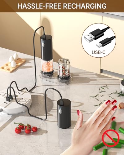 CircleJoy CIRCLE JOY Electric Salt and Pepper Grinder Set Rechargeable Salt and Pepper Mills with 6-Level External Adjustable Coarseness, White LED Light and Storage Base, Black - Image 3