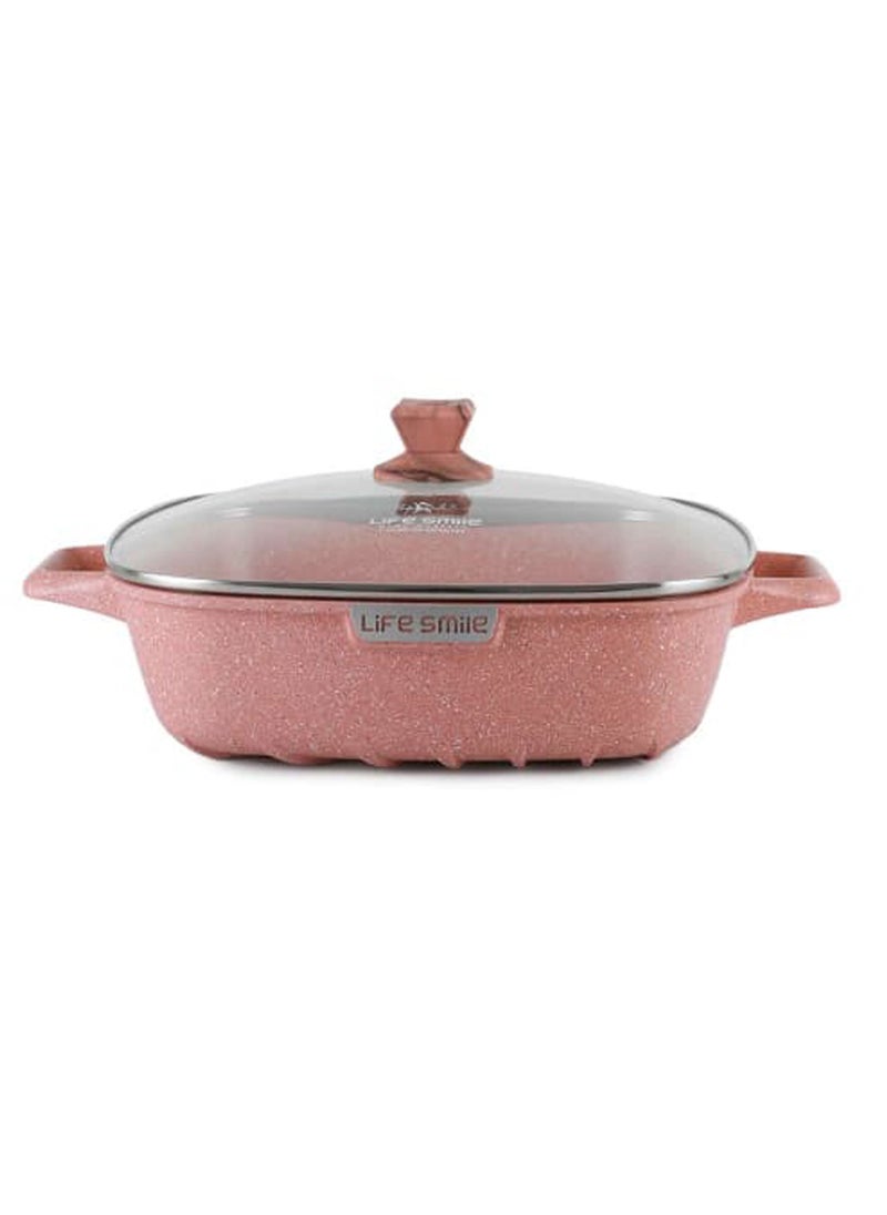 Life Smile - 24cm (3 Liter) Square Frying Pan - Aluminum Shallow Pot With Glass Lid Multi Layer Non-Stick Granite Coating - Image 1