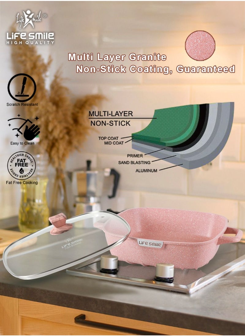 Life Smile - 24cm (3 Liter) Square Frying Pan - Aluminum Shallow Pot With Glass Lid Multi Layer Non-Stick Granite Coating - Image 1
