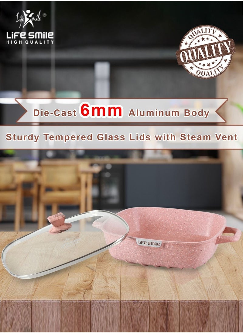Life Smile - 24cm (3 Liter) Square Frying Pan - Aluminum Shallow Pot With Glass Lid Multi Layer Non-Stick Granite Coating - Image 1