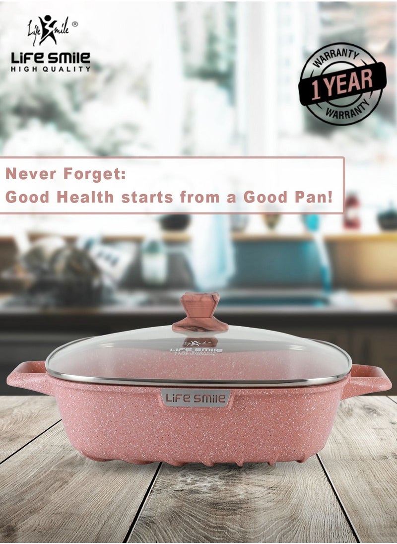 Life Smile - 24cm (3 Liter) Square Frying Pan - Aluminum Shallow Pot With Glass Lid Multi Layer Non-Stick Granite Coating - Image 1