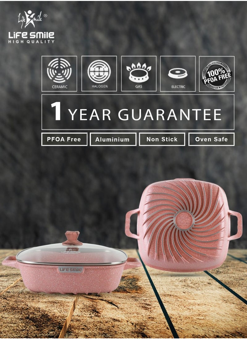 Life Smile - 24cm (3 Liter) Square Frying Pan - Aluminum Shallow Pot With Glass Lid Multi Layer Non-Stick Granite Coating - Image 1