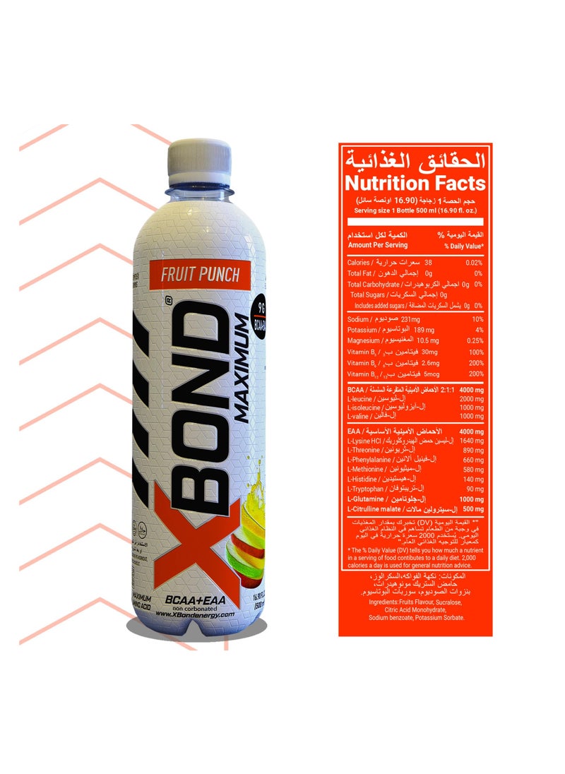Xbond Energy X-BOND 9g BCAA + EAA Fruit Punch Maximum Recovery  Non Carbonated Drink Maximum Amino Drink -  Electrolytes Drink - 16 fl oz (500 ml), Sugar Free 34 Calories, 60mg Caffeine Pack of 12  - Image 3