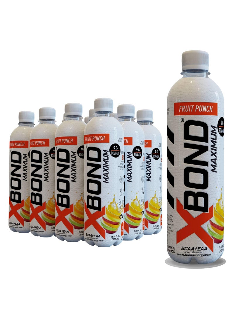 Xbond Energy X-BOND 9g BCAA + EAA Fruit Punch Maximum Recovery  Non Carbonated Drink Maximum Amino Drink -  Electrolytes Drink - 16 fl oz (500 ml), Sugar Free 34 Calories, 60mg Caffeine Pack of 12  - Image 1