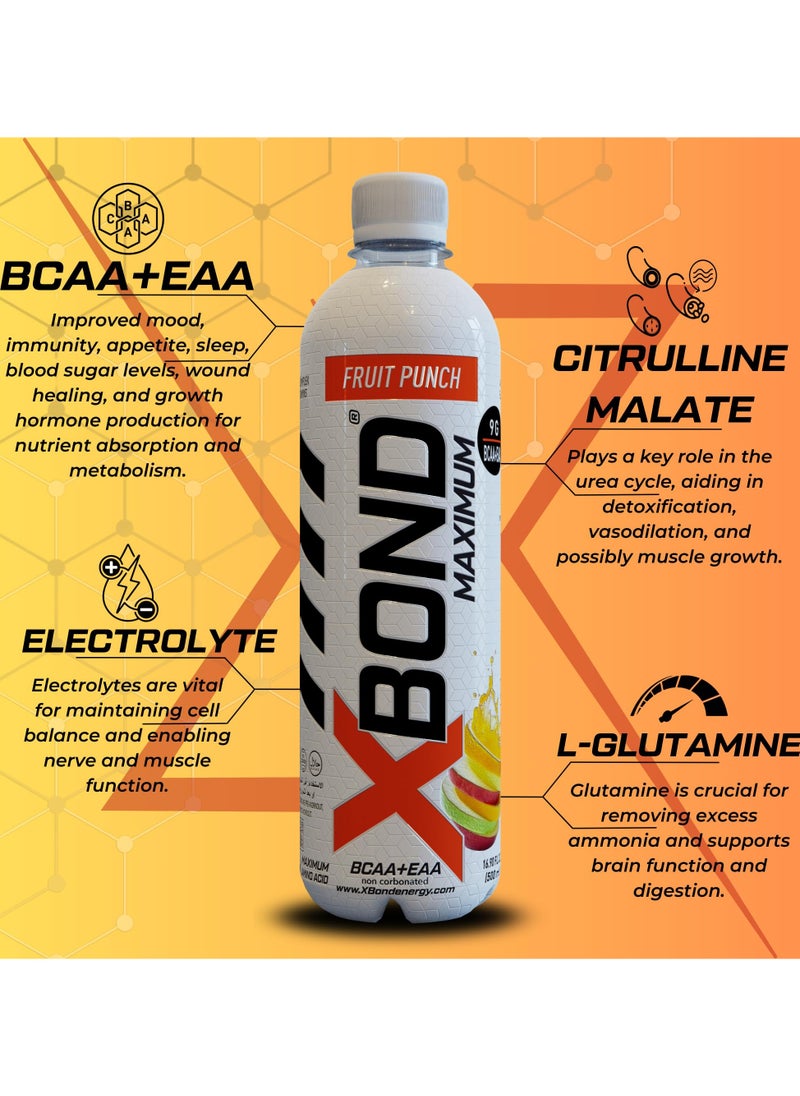 Xbond Energy X-BOND 9g BCAA + EAA Fruit Punch Maximum Recovery  Non Carbonated Drink Maximum Amino Drink -  Electrolytes Drink - 16 fl oz (500 ml), Sugar Free 34 Calories, 60mg Caffeine Pack of 12  - Image 4