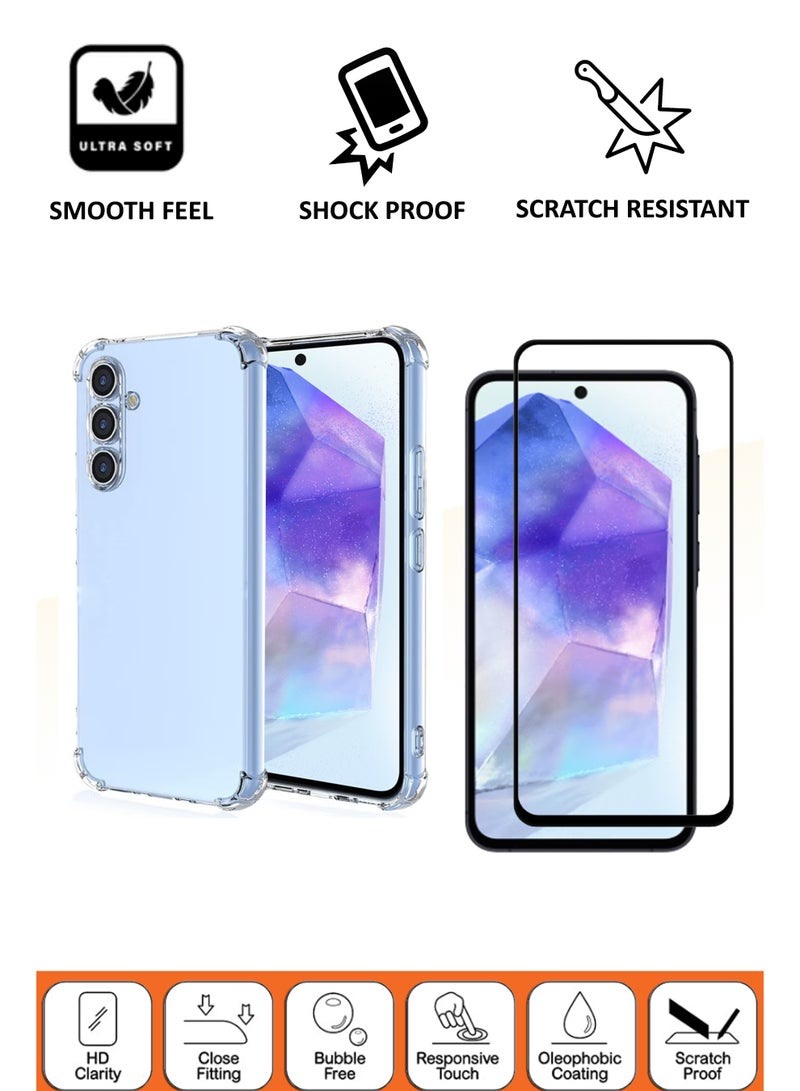 GMATE For Samsung Galaxy A55 - 2in1 Pack Ultra Clear Flexible Shockproof Silicone Back Cover With Raised Edge Bumps Protection and Tempered Glass Screen Protector - Image 2