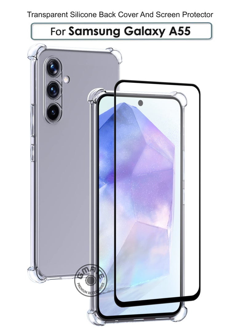 GMATE For Samsung Galaxy A55 - 2in1 Pack Ultra Clear Flexible Shockproof Silicone Back Cover With Raised Edge Bumps Protection and Tempered Glass Screen Protector - Image 1