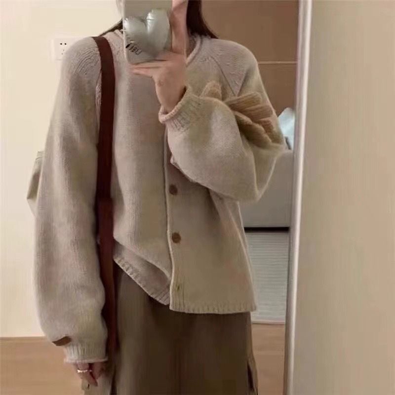 كارديجان محبوك بألوان صلبة مع زر واحد، تصميم كوري، سليم، جاكيت سويتر إنترنت أحمر، رقبة دائرية فضفاضة - Image 1