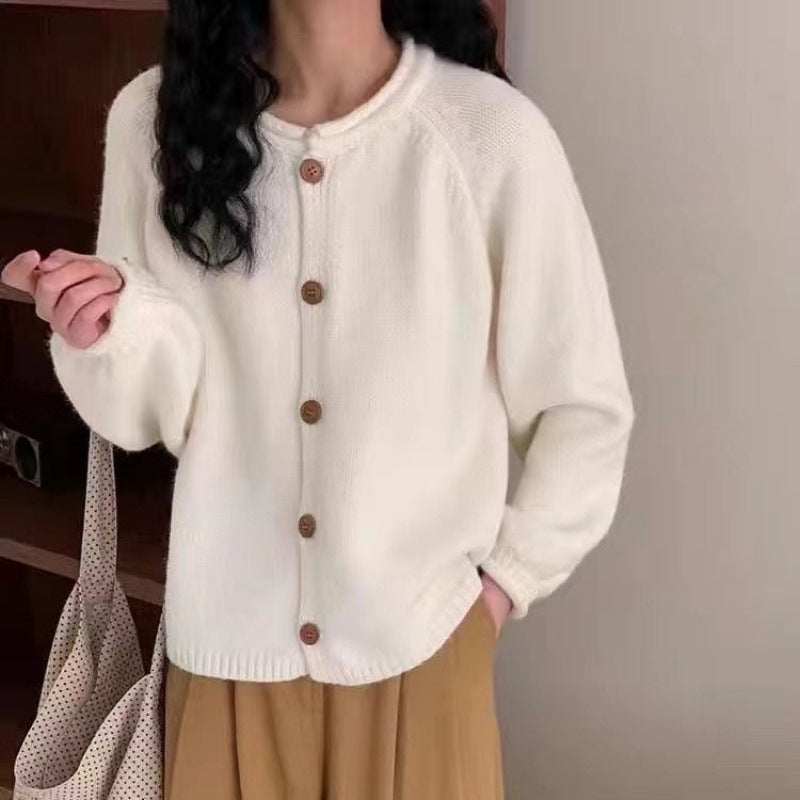 كارديجان محبوك بألوان صلبة مع زر واحد، تصميم كوري، سليم، جاكيت سويتر إنترنت أحمر، رقبة دائرية فضفاضة - Image 2