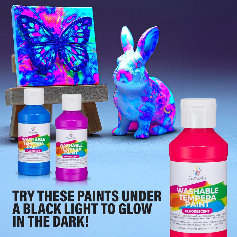 Positive Art Neon Fluorescent Washable Tempera Paint â€“ UV-Reactive Under Blacklight, 6 Bright Colors, 4 fl oz Bottles, Non-Toxic Kid-Safe Craft & Classroom Paint, Made in USA - Image 5