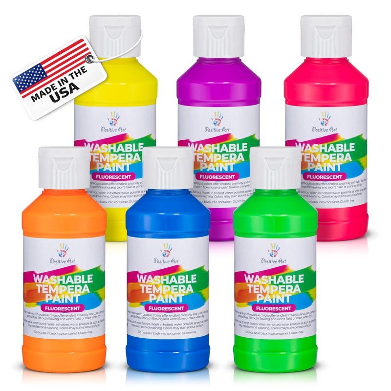 Positive Art Neon Fluorescent Washable Tempera Paint â€“ UV-Reactive Under Blacklight, 6 Bright Colors, 4 fl oz Bottles, Non-Toxic Kid-Safe Craft & Classroom Paint, Made in USA - Image 1