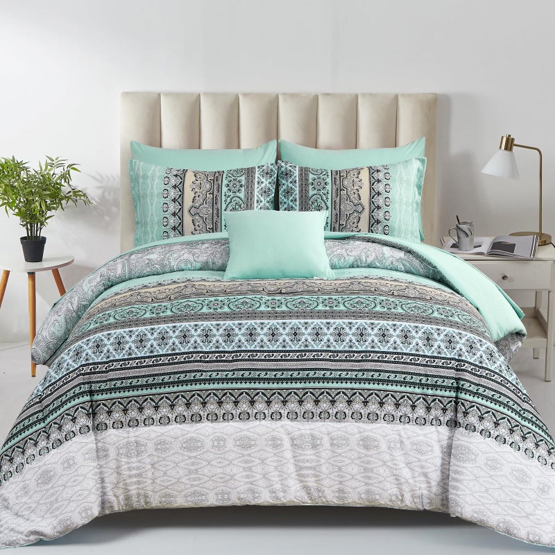 Cottolester Boho Comforter Set Queen Size,8 Piece Bed in a Bag Sage Green Paisley Comforter and Sheet Set,Striped Bedding Set Soft Microfiber Complete Bedding Set - Image 1