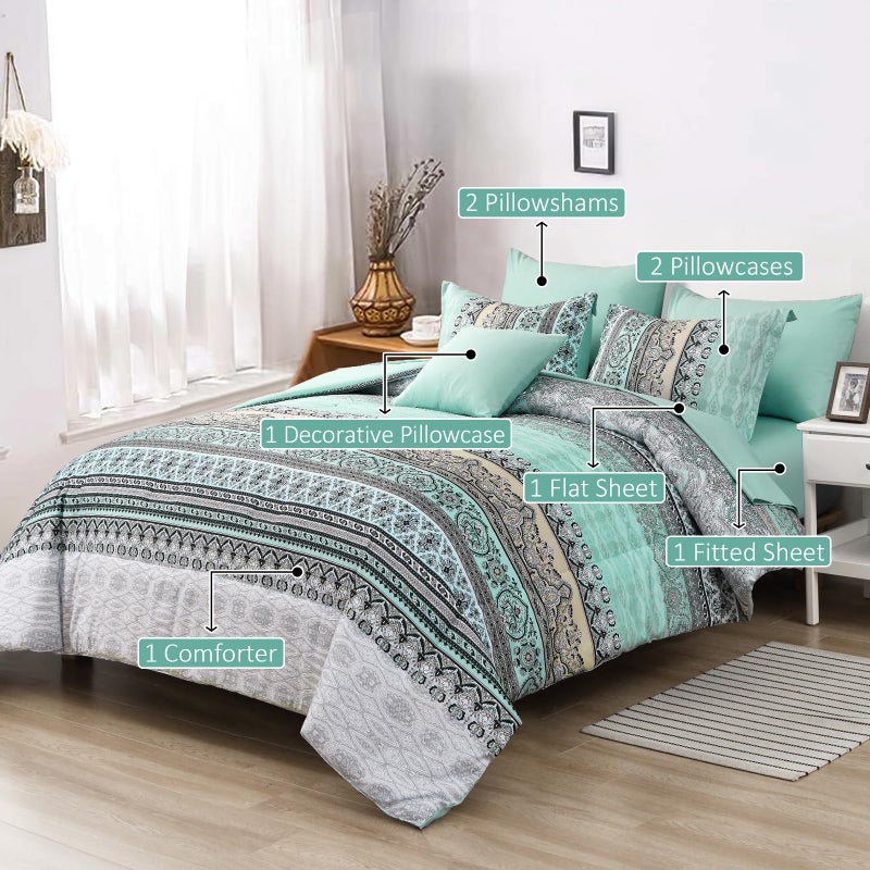 Cottolester Boho Comforter Set Queen Size,8 Piece Bed in a Bag Sage Green Paisley Comforter and Sheet Set,Striped Bedding Set Soft Microfiber Complete Bedding Set - Image 2
