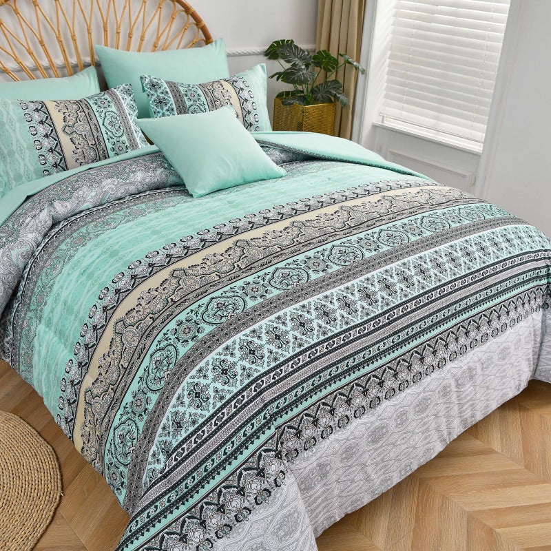 Cottolester Boho Comforter Set Queen Size,8 Piece Bed in a Bag Sage Green Paisley Comforter and Sheet Set,Striped Bedding Set Soft Microfiber Complete Bedding Set - Image 5