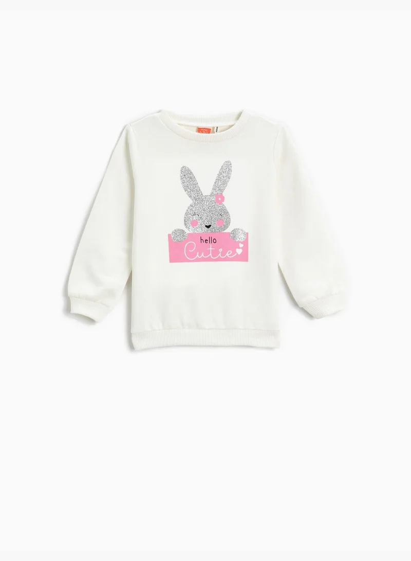 KOTON Glittery Bunny Printed Sweatshirt Long Sleeve Crew Neck Brushed Interior
