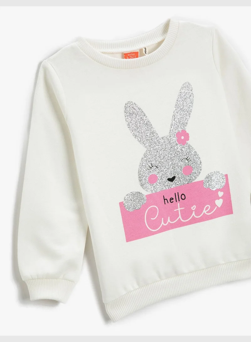 KOTON Glittery Bunny Printed Sweatshirt Long Sleeve Crew Neck Brushed Interior