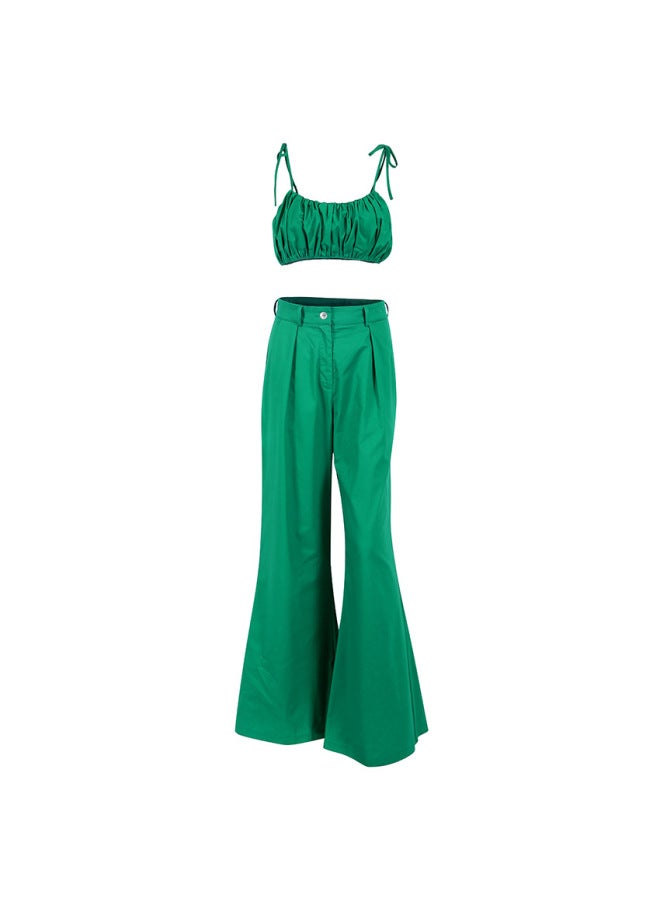 Summer New European And American Women's Sleeveless Top And Pants Two-piece Set Cotton Green Fashion Casual Commuter Outfit - Image 5