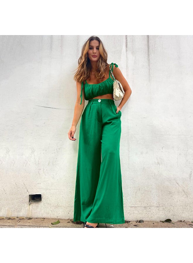 Summer New European And American Women's Sleeveless Top And Pants Two-piece Set Cotton Green Fashion Casual Commuter Outfit - Image 2