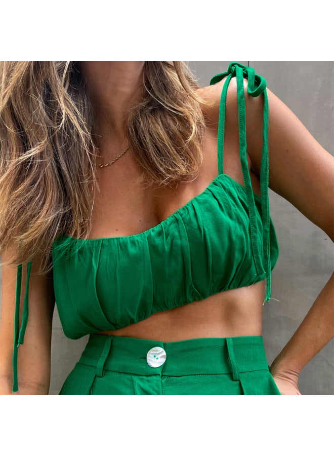 Summer New European And American Women's Sleeveless Top And Pants Two-piece Set Cotton Green Fashion Casual Commuter Outfit - Image 3