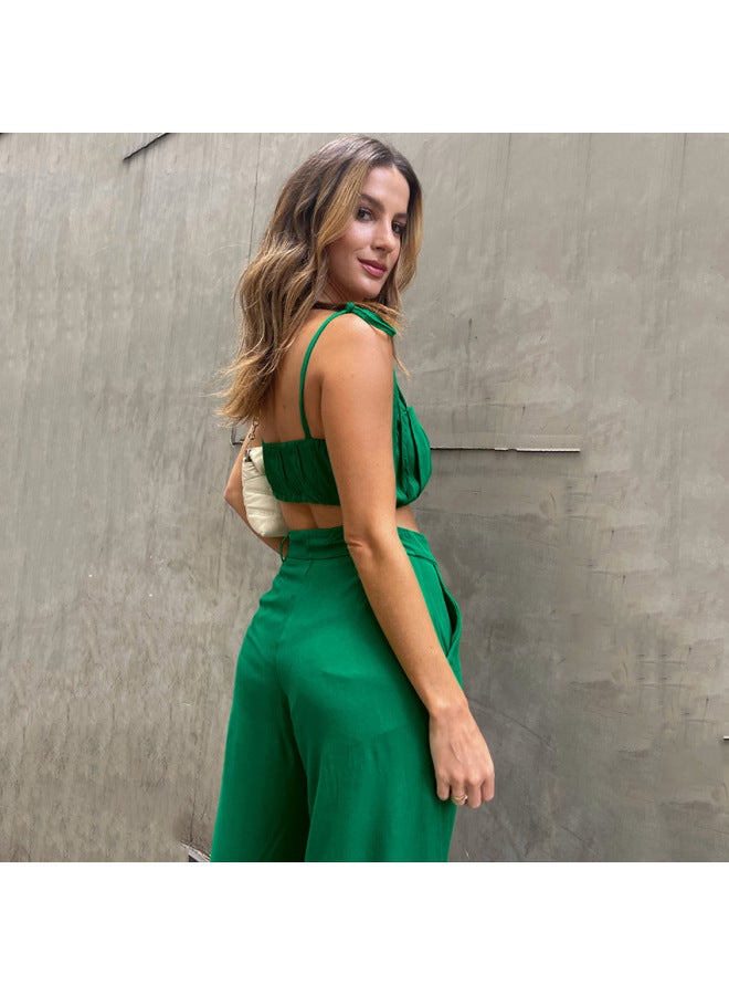 Summer New European And American Women's Sleeveless Top And Pants Two-piece Set Cotton Green Fashion Casual Commuter Outfit - Image 4