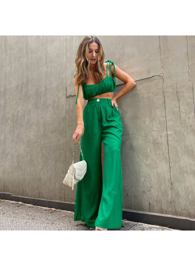 Summer New European And American Women's Sleeveless Top And Pants Two-piece Set Cotton Green Fashion Casual Commuter Outfit - Image 1