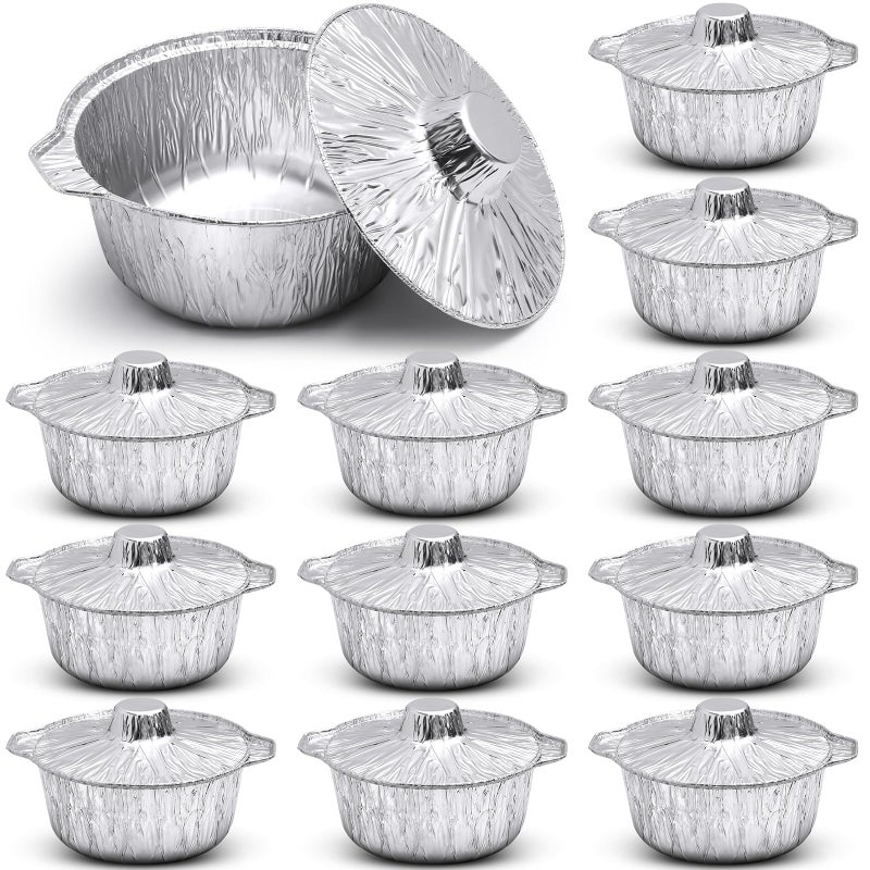 Ziliny 12 Pcs Disposable Aluminum Pot with Lid Round Foil Pans Disposable Cookware Food Container for Vacation Trips Camping Baking Heating Cooking 744 oz