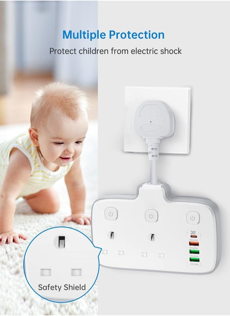 SYOSI - Multi Plug Extension With USB 2 Way Extension Lead Power Socket Plug With 4 USB D Fast Charger Total 20W Max 2500W Multi Wall power Adaptor 6 in 1 for Home Office Kitchen Travel - Image 1