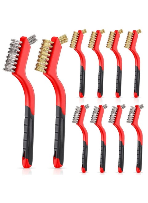 10-Piece Wire Brush for Cleaning Weld Slag Rust, Brass Stainless Steel Nylon Brush, Extra Bristles Narrow Areas, Heavy Duty Mini Crimping Scratch Grill Rust