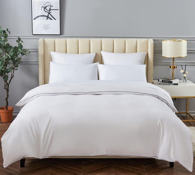 DAUAOTO Twin/Twin XL Bedding Set - 1 Duvet Cover + 1 Pillow Sham, White with Decorative Grey Piping, Dorm Microfiber Bedding - Image 3